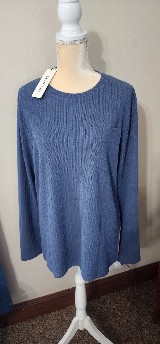 JMIERR Blue Cable-Knit Crew Neck Pullover Sweater Pocket Size M